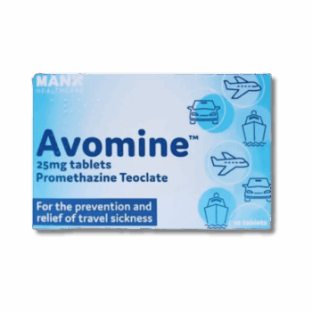 Box of Avomine 25mg Tablets used to treat motion sickness and nausea