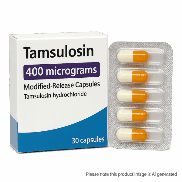 Box of Tamsulosin 400 micrograms capsules for enlarged prostate symptoms
