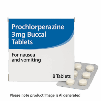 Box of Prochlorperazine 3mg Buccal Tablets used to treat vomiting