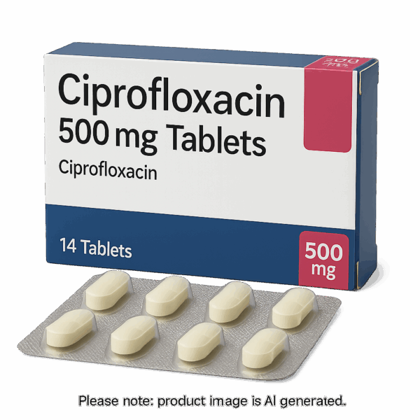 Ciprofloxacin 500mg Tablets blister pack for bacterial infection treatment