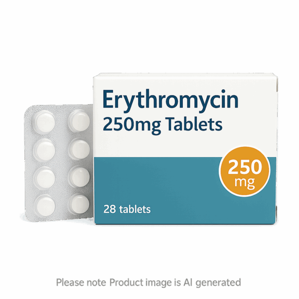 Box of Erythromycin 250mg Tablets used to treat bacterial infections