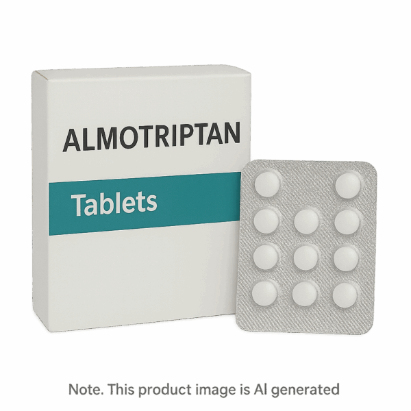 Box of Almotriptan Tablets used for migraine relief