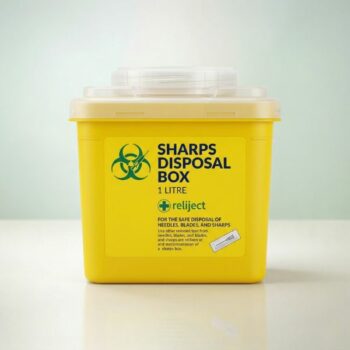1 litre sharps disposal box for home use – yellow UN-approved container